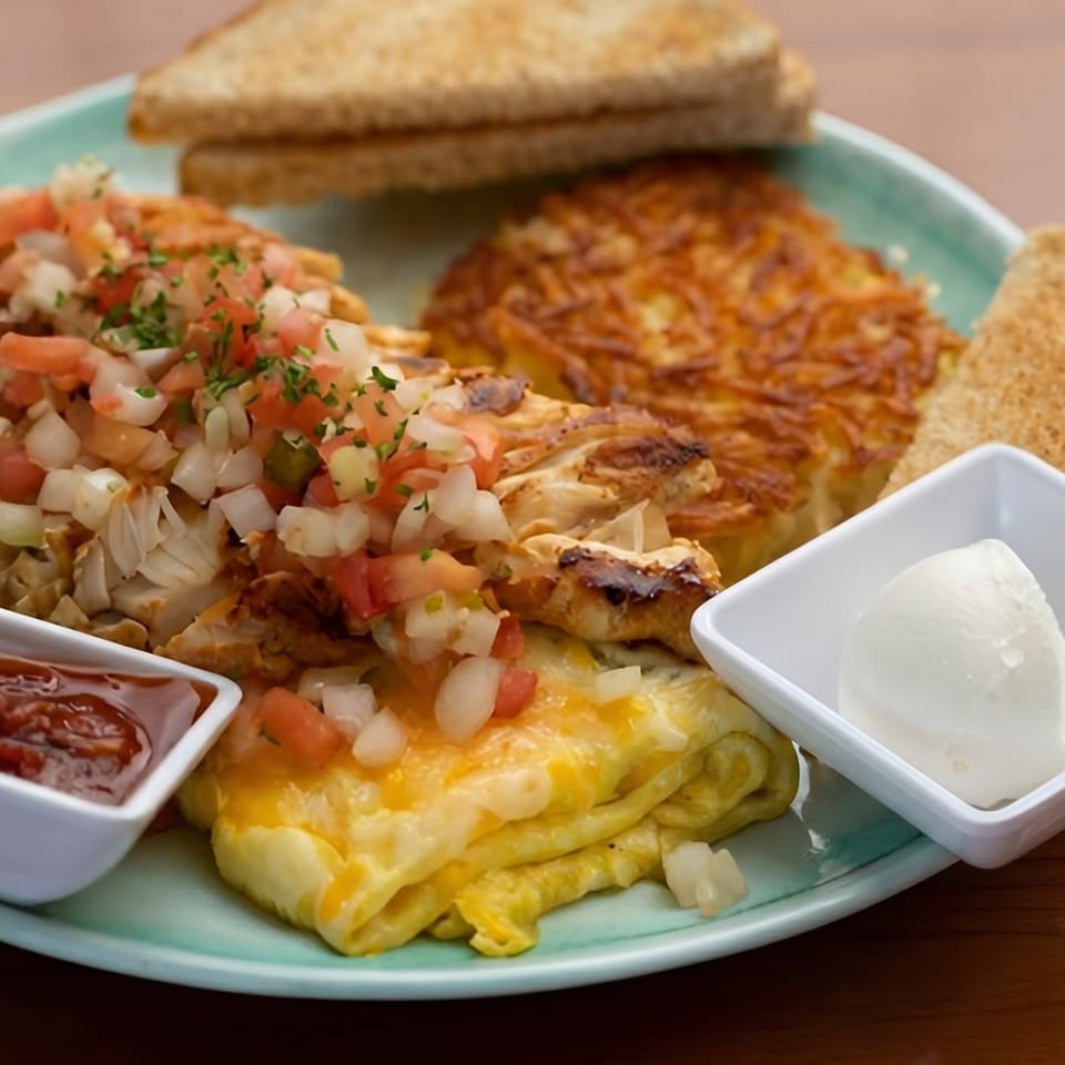 A breakfast plate with an omelet topped with salsa, hash browns, toast, and sides of jam and butter.