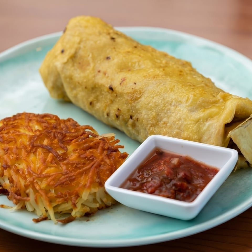 Breakfast burrito with hash browns and a side of salsa on a light blue plate.