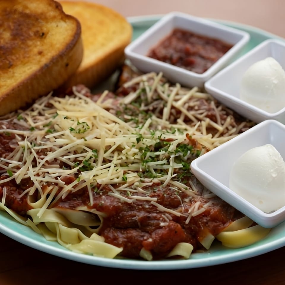 Pasta with meat sauce, shredded cheese, and parsley, served with toast, salsa, and sour cream.