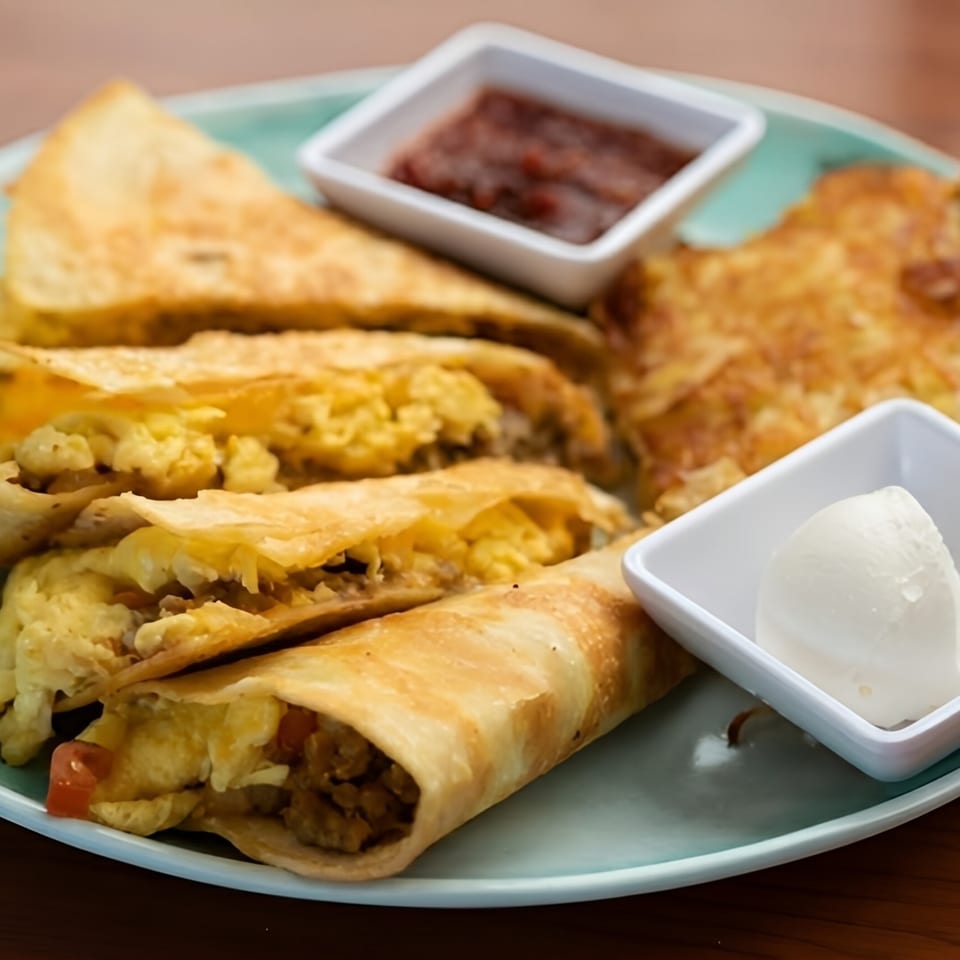 Breakfast platter with quesadillas, hash browns, salsa, and sour cream on a teal plate.